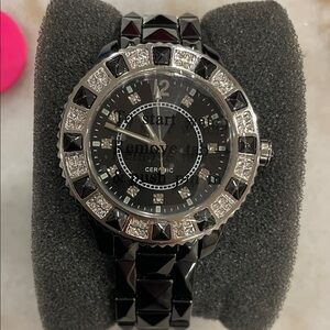 Women Genuine Ceramic Analog Dress Bracelet Watch with Crystal Bezel by Adrienne